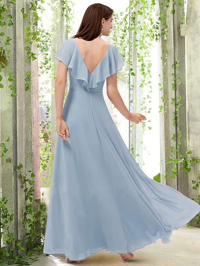 Luolandi A-Line Bridesmaid Dress V Neck Short Sleeve Elegant Floor Length Chiffon with Pleats / Ruffles